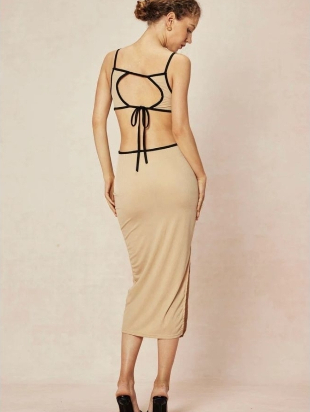 Chic Tan and Blue Maxi Dress